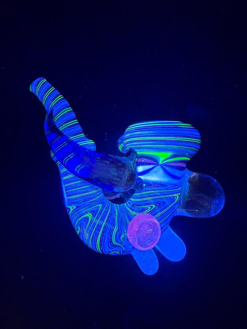 Brando Glass Sherlock Pipe - Blue & Teal UV Line Worked w Fumed Marbles, showcasing vibrant UV-reactive colors.