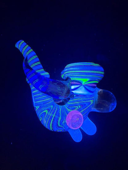 Brando Glass Sherlock Pipe - Blue & Teal UV Line Worked w Fumed Marbles, showcasing vibrant UV-reactive colors.