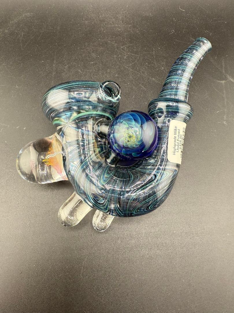 Brando Glass Sherlock Pipe - Blue & Teal UV Line Worked w Fumed Marbles with unique design and fumed marble attachments.