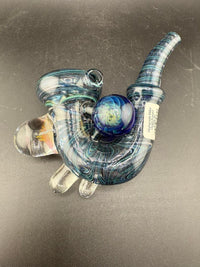 Brando Glass Sherlock Pipe - Blue & Teal UV Line Worked w Fumed Marbles with unique design and fumed marble attachments.