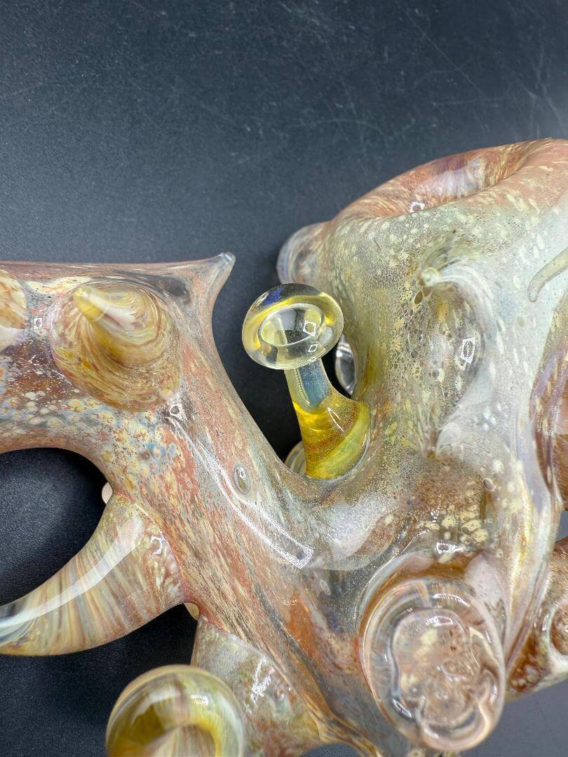 Brando Glass Sherlock Pipe - Fumed & Sulpted w/ Many Horns & Attachments, showcasing intricate fumed details and unique sculpting.