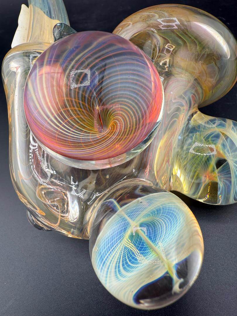 Brando Glass Sherlock Pipe - Gold Fumed w/ Fillacello Marble Attachments with intricate swirls and colorful detail.