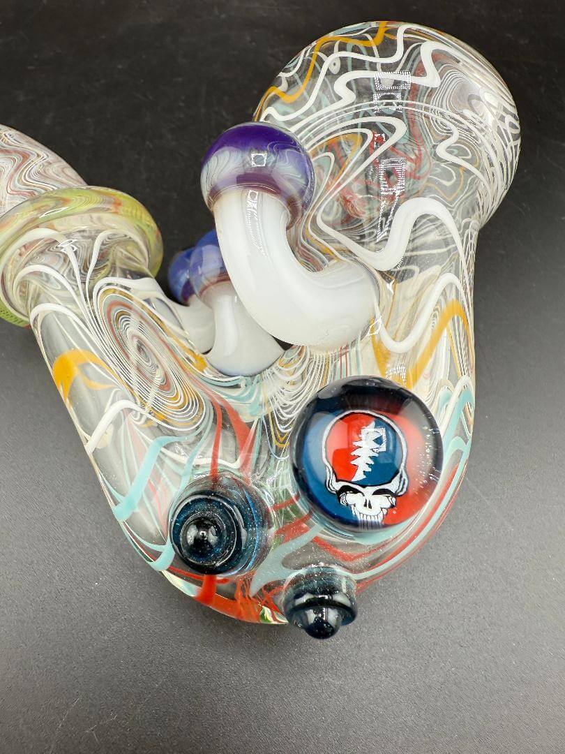 Brando Glass Sherlock Pipe - Multi Colored Linework w/ Mushroom & Grateful Dead Millie Attachment, showcasing vibrant colors and details.