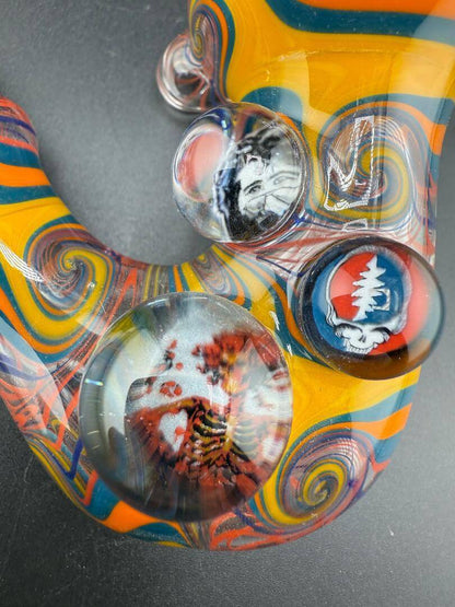 Brando Glass Sherlock Pipe - Orange Yellow & Teal Wig Wag w/ Grateful Dead Millie Attachments detail close-up