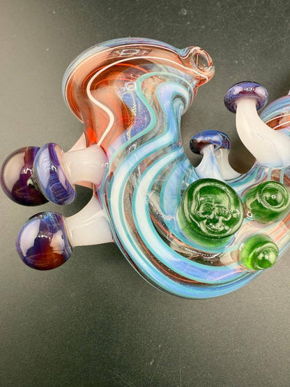 Brando Glass Sherlock Pipe - Red & Blue Wig Wag w/ Mushroom & Grateful Dead Millie Attachments