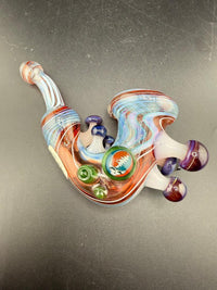 Brando Glass Sherlock Pipe - Red & Blue Wig Wag w/ Mushroom & Grateful Dead Millie Attachments angle view with colorful details.