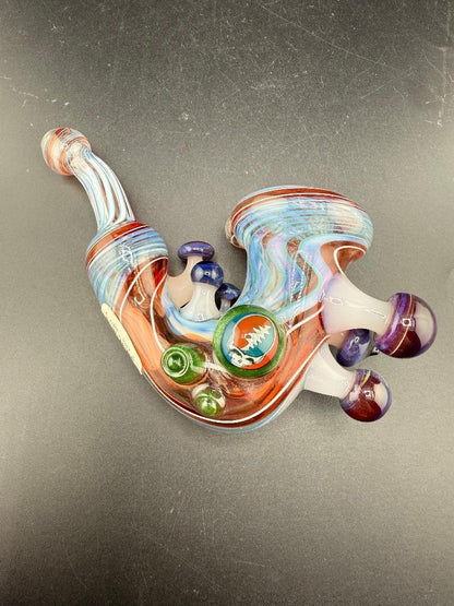 Brando Glass Sherlock Pipe - Red & Blue Wig Wag w/ Mushroom & Grateful Dead Millie Attachments angle view with colorful details.