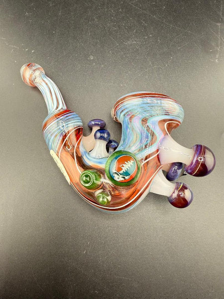 Brando Glass Sherlock Pipe - Red & Blue Wig Wag w/ Mushroom & Grateful Dead Millie Attachments angle view with colorful details.
