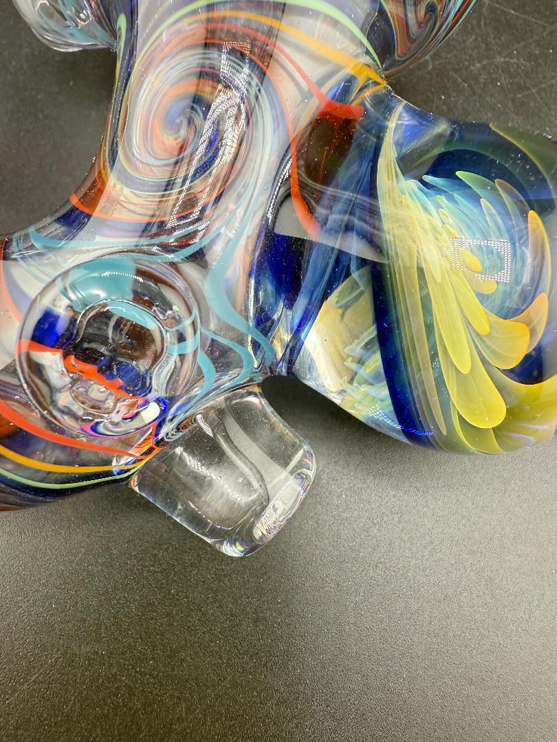 Brando Glass Sherlock Pipe -UV Rainbow Line Worked w/ Large Marble Attachment detailed view of colorful design