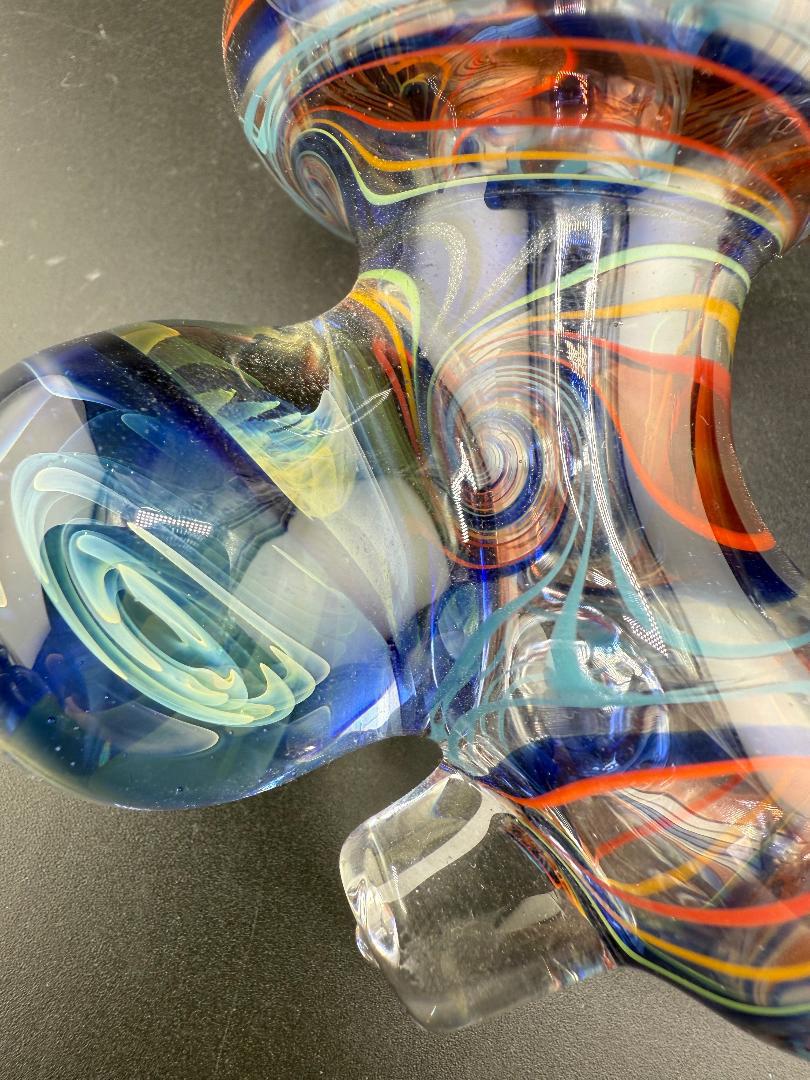 Brando Glass Sherlock Pipe -UV Rainbow Line Worked w/ Large Marble Attachment showcasing vibrant UV-reactive colors.