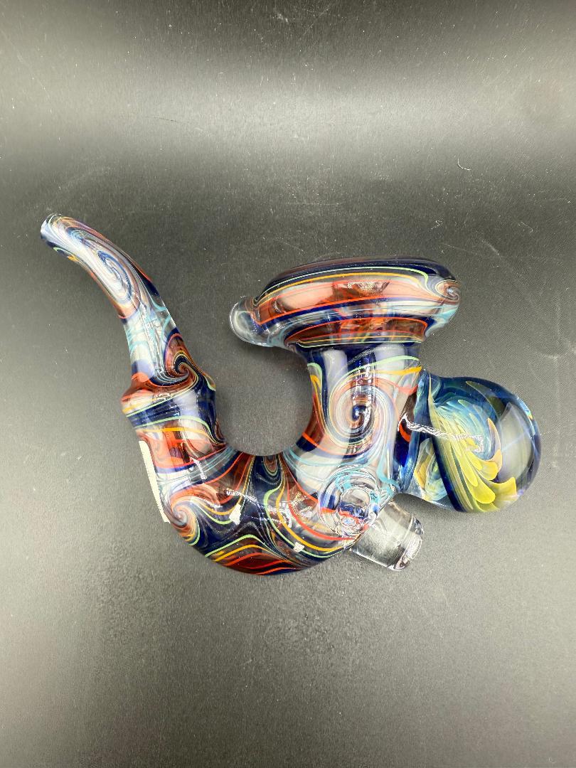 Brando Glass Sherlock Pipe -UV Rainbow Line Worked w/ Large Marble Attachment showcasing vibrant colors and intricate designs.