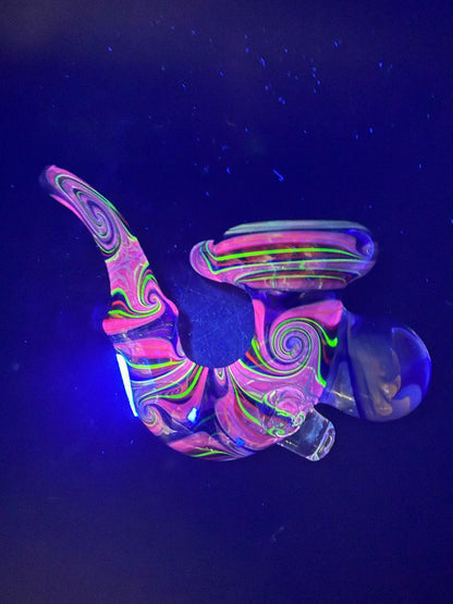 Brando Glass Sherlock Pipe -UV Rainbow Line Worked w/ Large Marble Attachment under blacklight with vibrant colors.