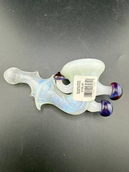 Brando Glass Sherlock Pipe - White Pipe w/ Mushroom & Grateful Dead Millie Attachment on a black background