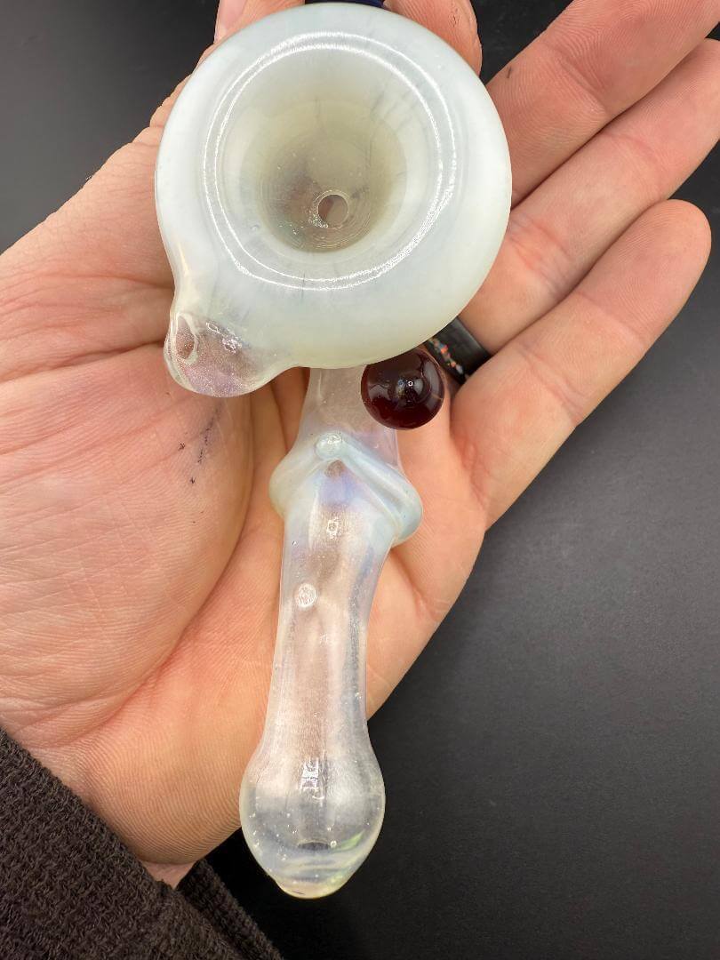 Brando Glass Sherlock Pipe - White Pipe w/ Mushroom & Grateful Dead Millie Attachment held in hand