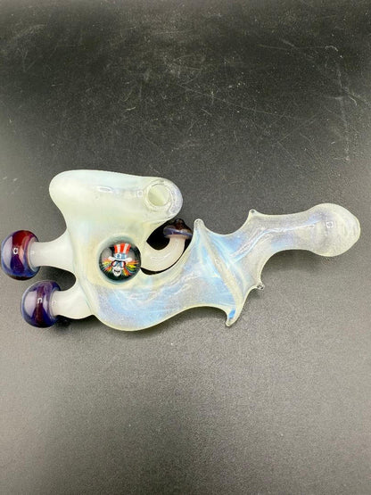 Brando Glass Sherlock Pipe - White Pipe w/ Mushroom & Grateful Dead Millie Attachment - unique functional art piece