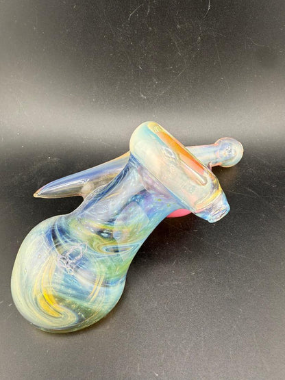 Brando Glass Side Car Pipe - Fumed w/ Pink Horn in vibrant colors with a unique design and horn attachment.