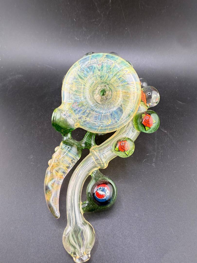 Brando Glass Side Car Pipe - Gold Fume  Liquid Filled & Floating Opals w/ 15+ Grateful Dead Millies