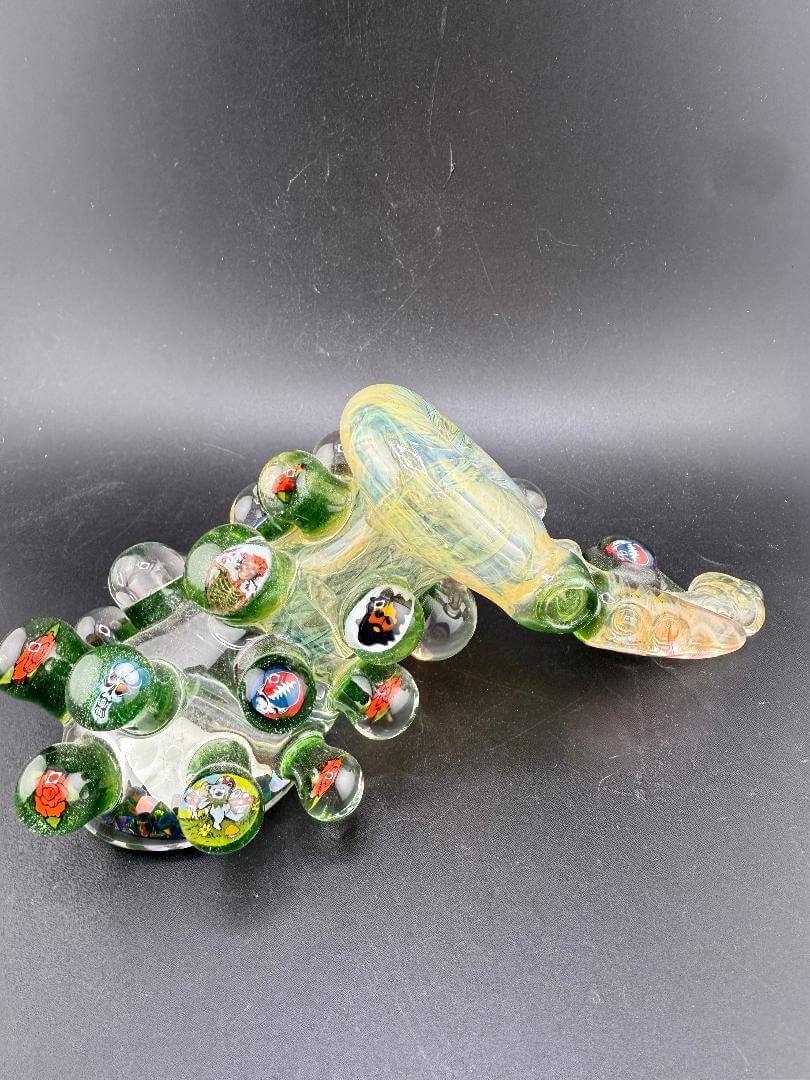 Brando Glass Side Car Pipe - Gold Fume  Liquid Filled & Floating Opals w/ 15+ Grateful Dead Millies