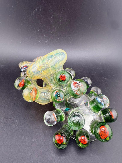 Brando Glass Side Car Pipe - Gold Fume  Liquid Filled & Floating Opals w/ 15+ Grateful Dead Millies on display.