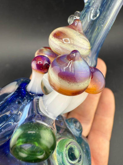 Brando Glass Sidecar Pipe - Space Fume Tech w/ Mushroom & Grateful Dead Millie Attachments close-up showing colorful mushroom details.