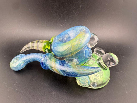 Brando Glass Sidecar Pipe - Space Fume Tech  Green Sparkle Liquid Filled w/ Horn & Marble Attachments