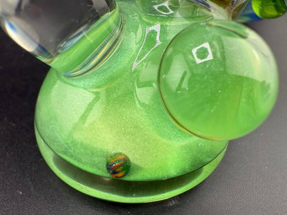 Brando Glass Sidecar Pipe - Space Fume Tech  Green Sparkle Liquid Filled w/ Horn & Marble Attachments close-up view.