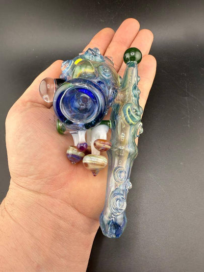 Brando Glass Sidecar Pipe - Space Fume Tech w/ Mushroom & Grateful Dead Millie Attachments in hand