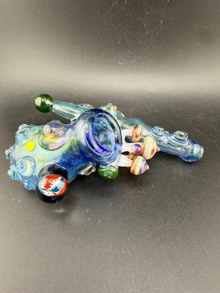 Brando Glass Sidecar Pipe - Space Fume Tech w/ Mushroom & Grateful Dead Millie Attachments showcased from above.