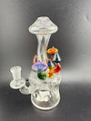 Brando Glass Swiss Cheese (Moon Crater) Rig – 10mm 90° hand-blown glass rig featuring colorful mushroom accents.