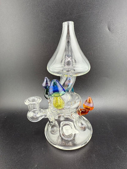 Brando Glass Swiss Cheese (Moon Crater) Rig – 10mm 90° with colorful mushroom accents and unique design.