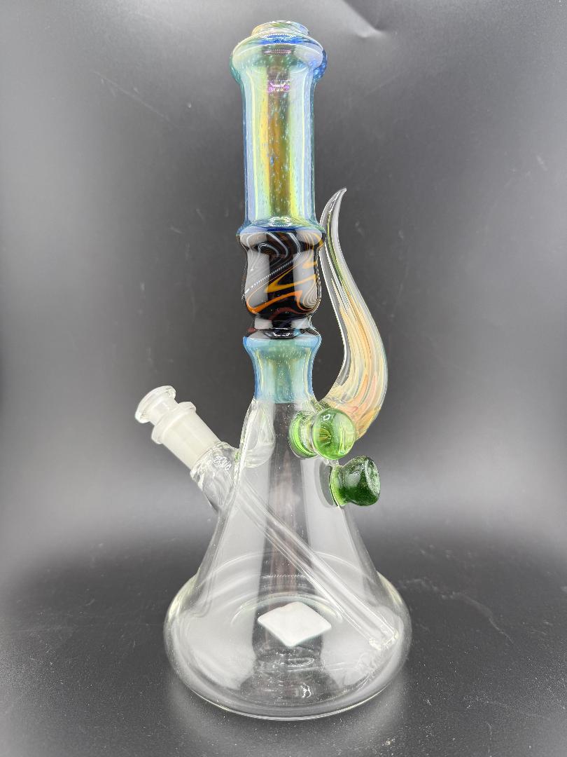 Brando Glass Wig Wag Space Tech Beaker in Black and Orange, handcrafted American glass design, 10mm water pipe.