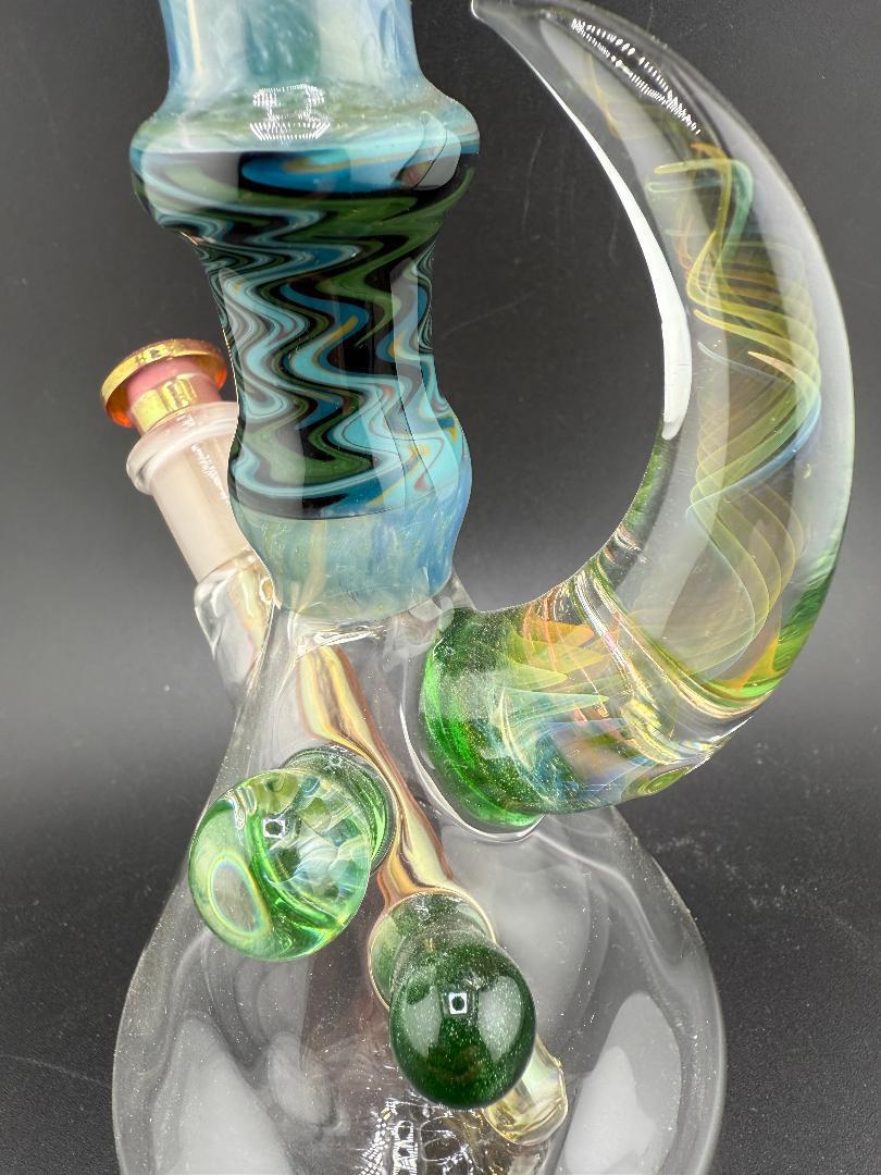 Brando Glass Wig Wag Space Tech Beaker in vibrant green and blue, handcrafted heady American glass from Spokane.