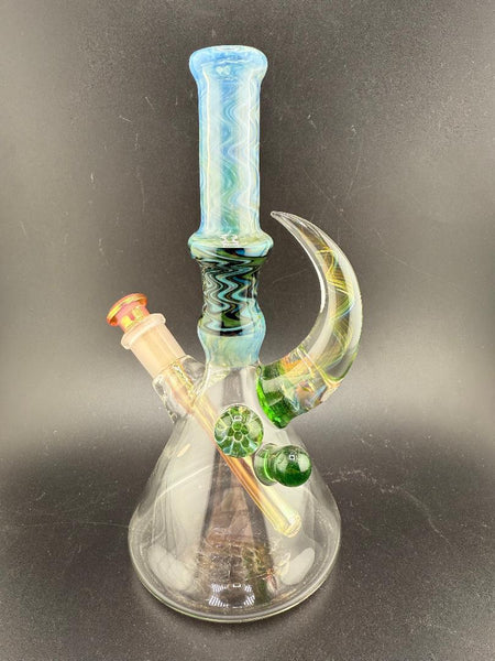 Brando Glass Wig Wag Space Tech Beaker in green and blue, 10mm, handcrafted American glass, vibrant design.