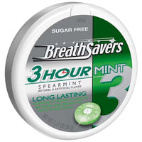 Breath Savers Spearmint Mint sugar-free mints in a convenient tin for fresh breath anytime.