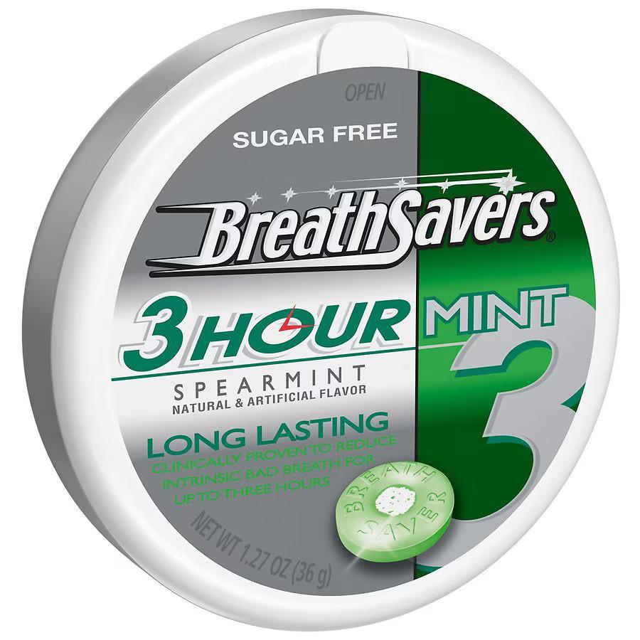 Breath Savers Spearmint Mint sugar-free mints in a convenient tin for fresh breath anytime.