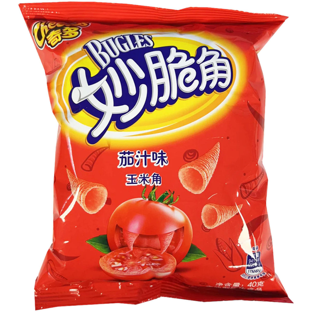 Bugles Tomato Flavor (China Import) – crunchy corn snacks with a savory tomato twist in a red bag.