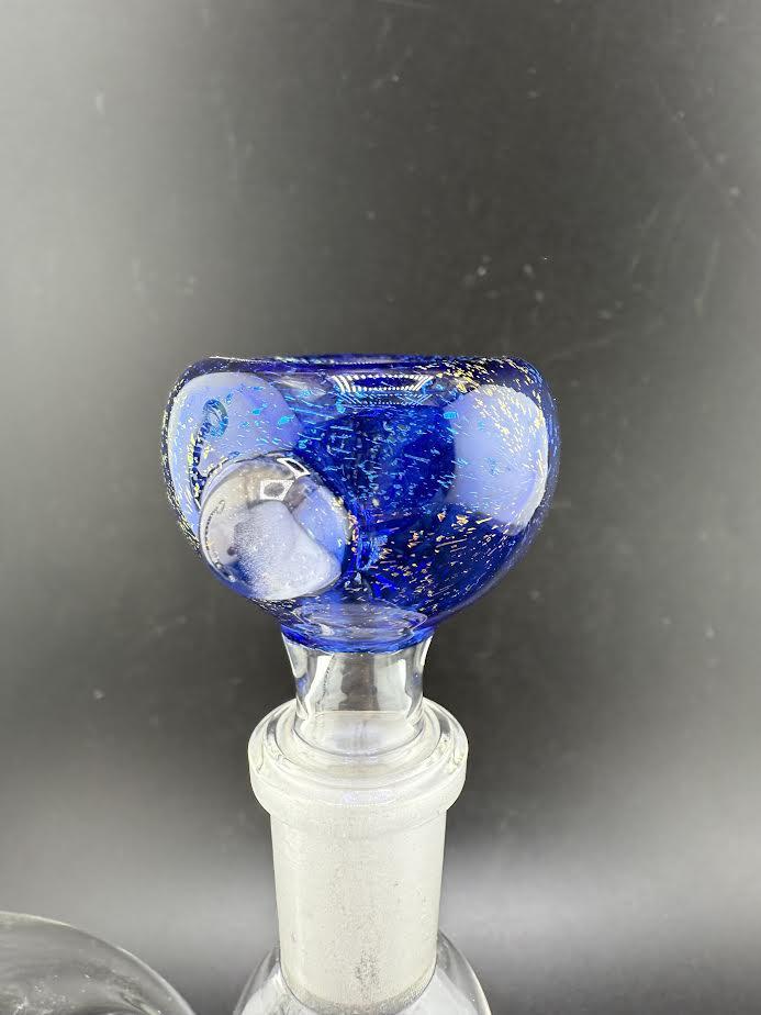 Filla John Dichro 14mm bowl piece with vibrant blue design and shimmering accents, perfect for water pipes.