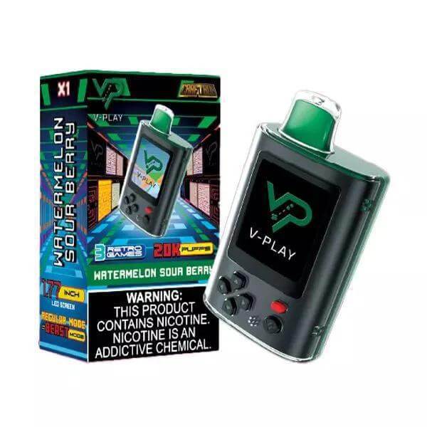 V Play Retro 20k Disposable Vape with watermelon sour berry flavor, sleek design, and compact packaging.