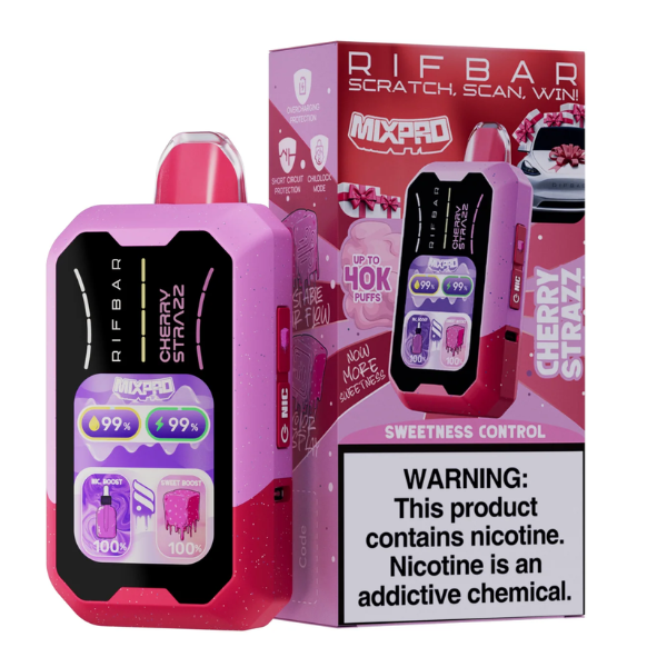 RIFBAR MIXPRO Cherry Strazz Disposable Vape with warning label, offering 40,000 puffs and sweetness control feature.