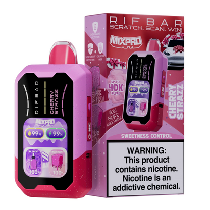 RIFBAR MIXPRO Cherry Strazz Disposable Vape with warning label, offering 40,000 puffs and sweetness control feature.