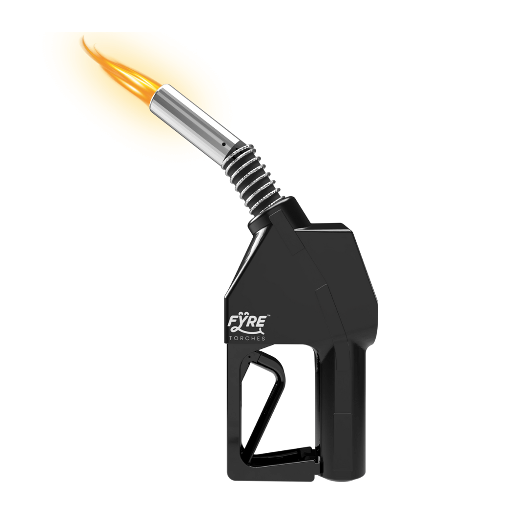 Fyre Gas Pump Torch in black with flame, vintage-style butane torch for retro flair and functionality.