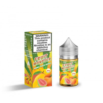 Fruit Monster Salt Nic 30ml E-Liquid with mango, peach, and guava flavor in a vibrant bottle and box.