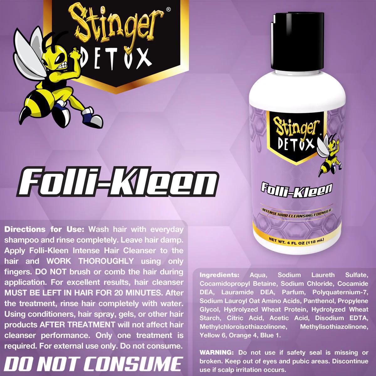 Stinger Detox FolliKleen Hair Cleanser bottle with usage directions, promoting deep detox for hair and scalp.