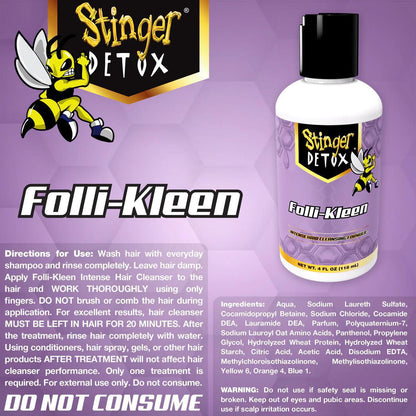 Stinger Detox FolliKleen Hair Cleanser bottle with usage directions, promoting deep detox for hair and scalp.