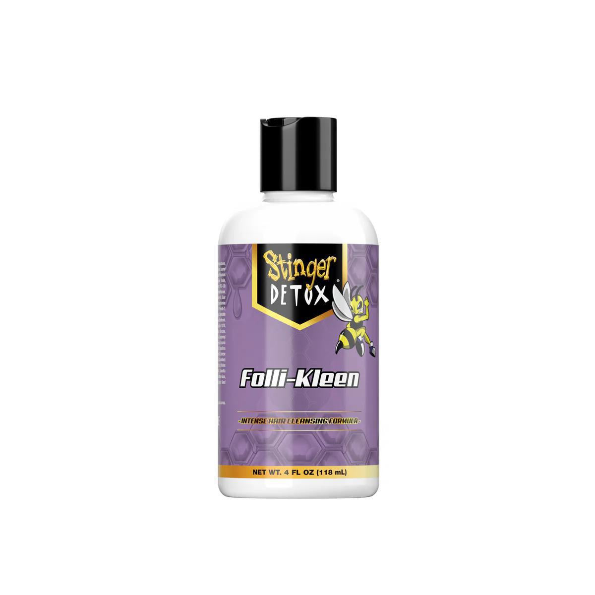 Stinger Detox FolliKleen Hair Cleanser bottle designed for deep detox of hair and scalp, featuring a natural blend.