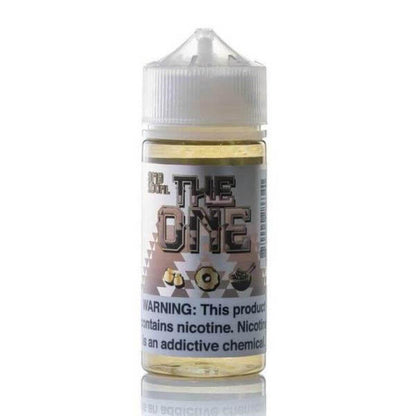 The One 100ml e-liquid bottle featuring warning label about nicotine and addiction.