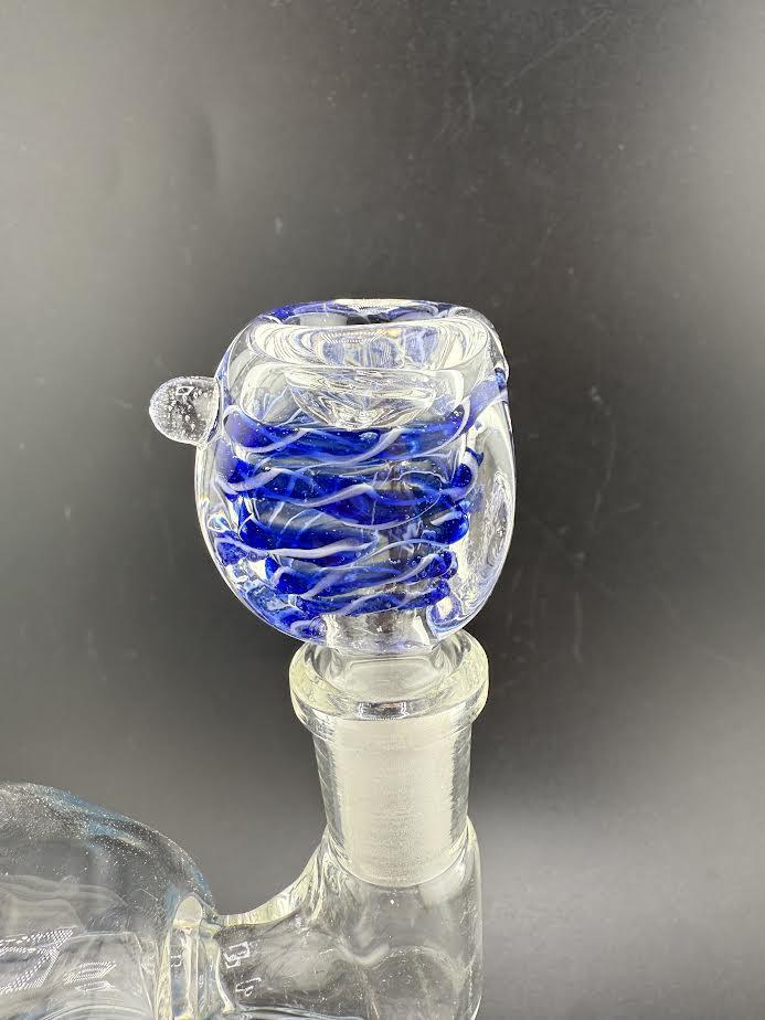 Flat Face Bowl Piece 14mm in clear glass with blue accents, designed for standard water pipes.