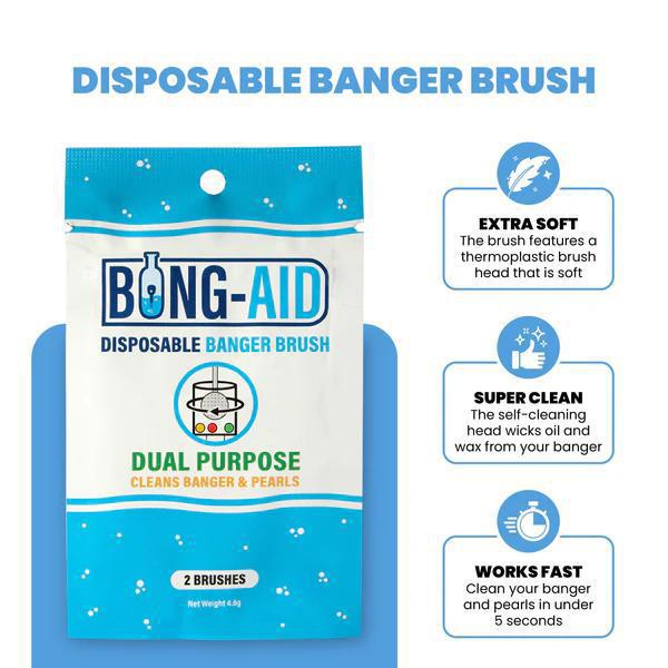 Bong Aid Disposable Banger Brush 2 pack for quick cleaning of bangers and pearls, featuring a soft, self-cleaning design.