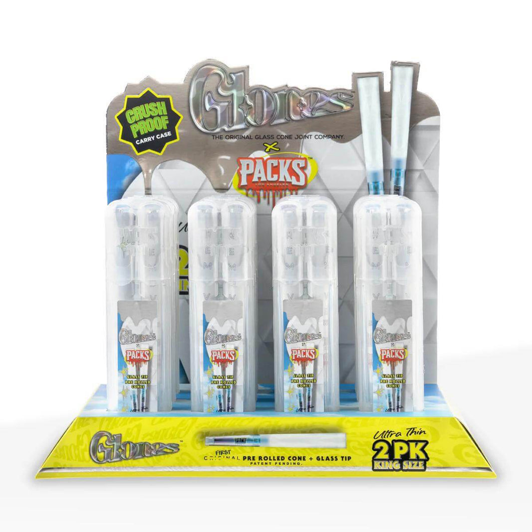 Glones x Packs King Size Pre-Rolled Cones with Glass Tips in crush-proof carry case, featuring ultra-thin design.