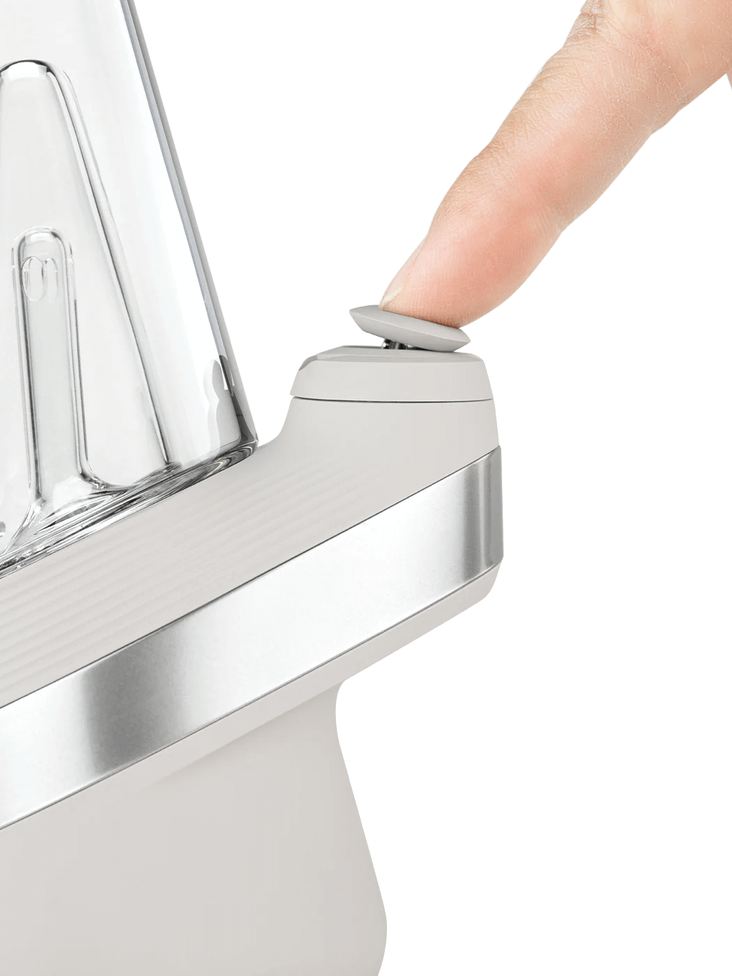 Close-up of a finger pressing the button on the Puffco New Peak vaporizer for easy temperature control.